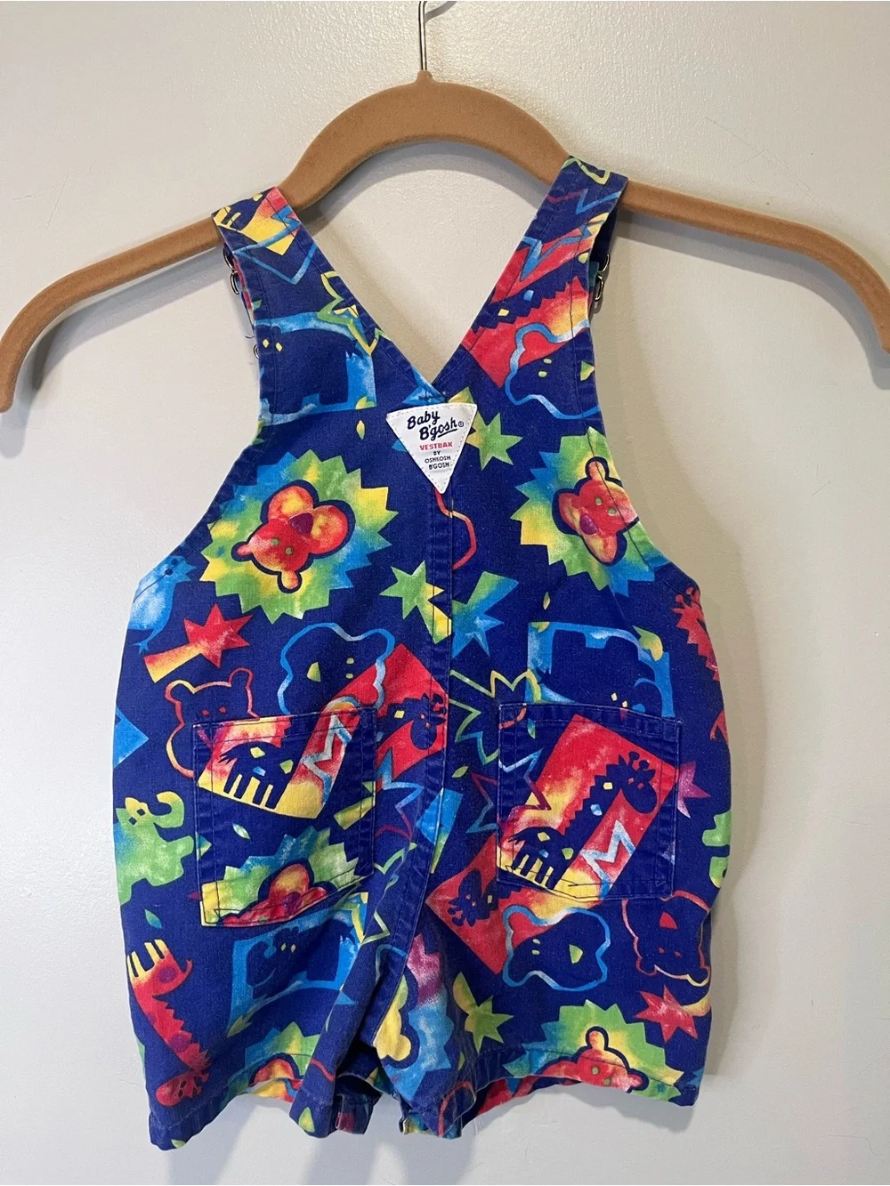 OshKosh B'gosh 90s Baby Bright Vintage  Multicolor Print Toddler Short Overalls